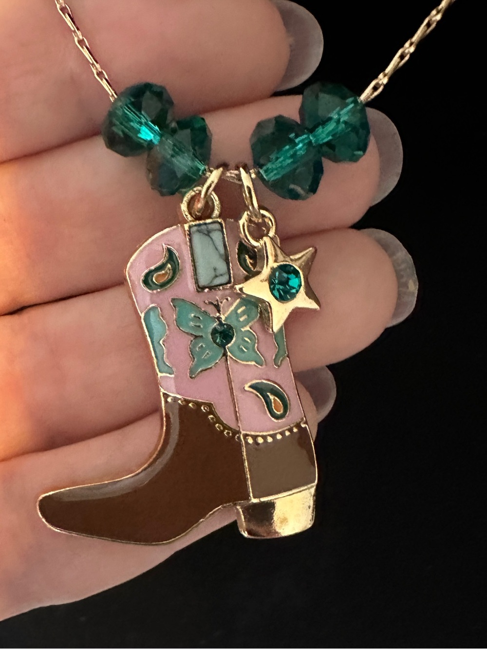 Handmade Gold-tone Brown & Pink Cowboy Boot Pendant Necklace with Green Accents